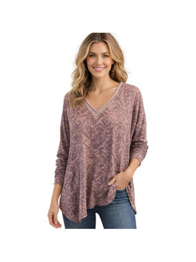 Democracy Large Tribal Print Maroon Knit Lace V Neck Sweater